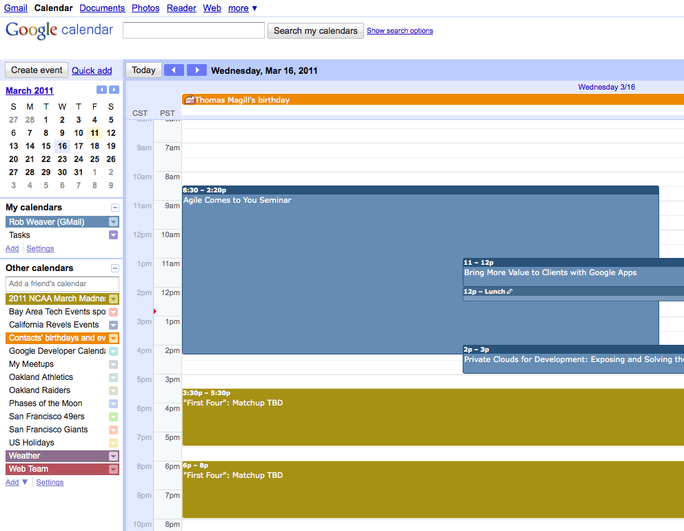 Google calendar with March Madness