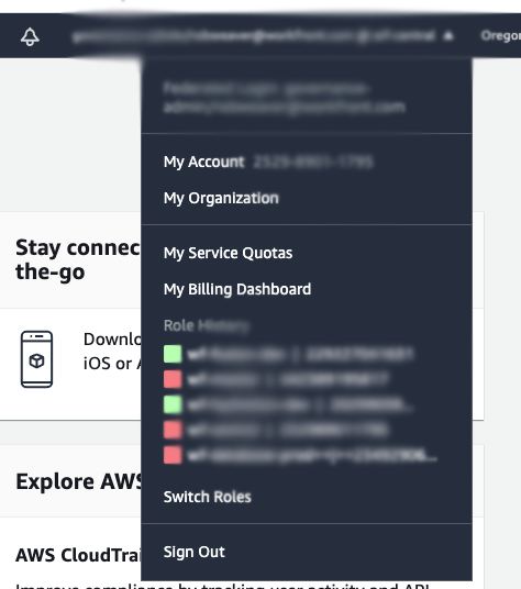 AWS switch roles screen